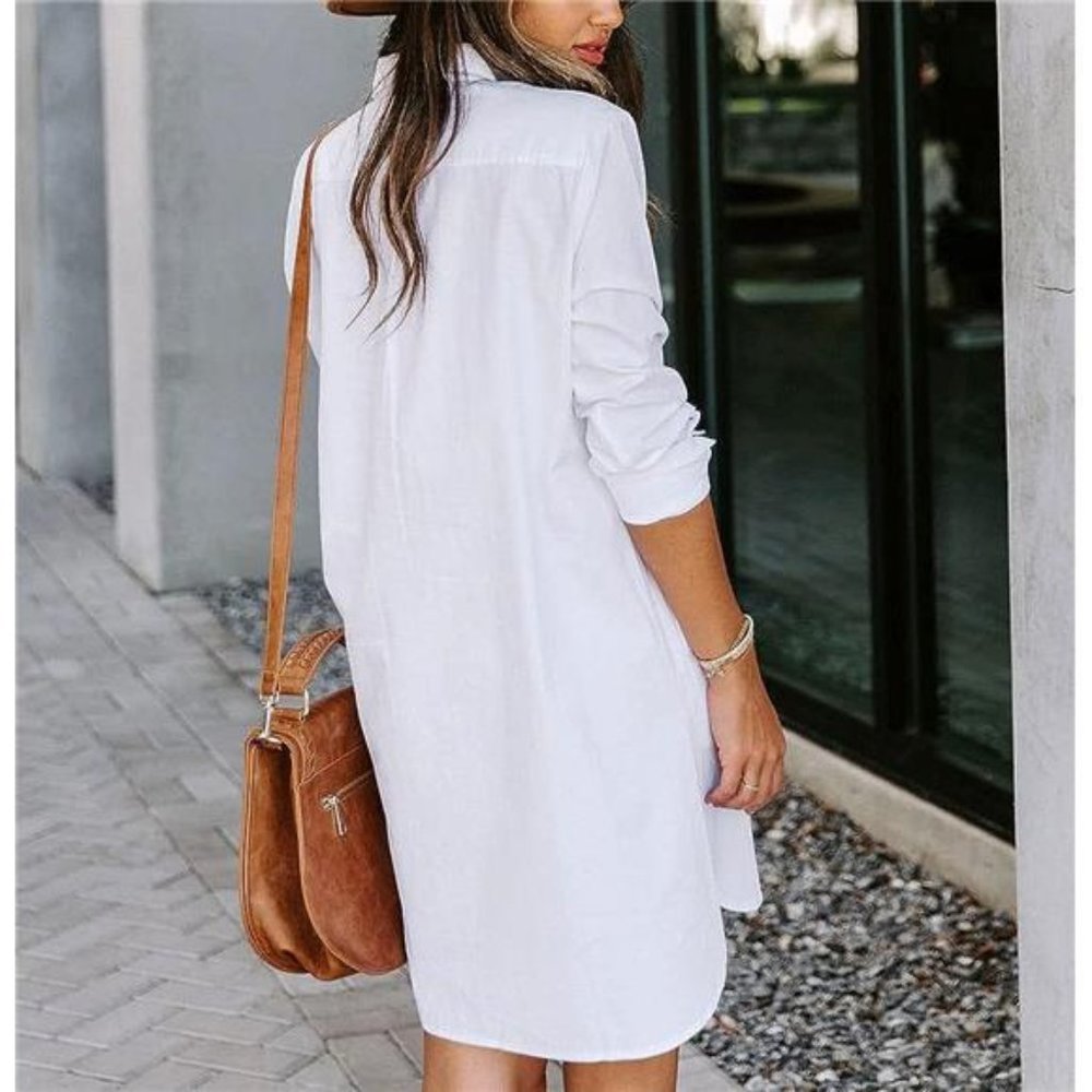 Women's Casual Loose Fit Long Sleeve Solid Striped Button Down Shirt Dress White - Picture 3 of 7